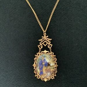 Vintage ART signed Asian temple style hand painted pendant necklace.